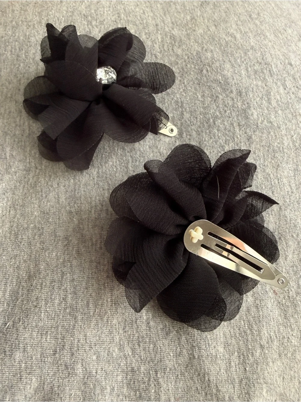 Set of 2 Black Floral Fabric Hair Clips with Rhinestone Accent